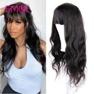 Perucas de Cabelo Indiano com Franja Onda do Corpo, Máquina Feita, Remy, Preto Natural, 8-30 polegadas Loja dos Cabelos: Peruca Cabelo Natural