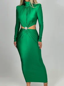 Vestido Feminino Manga Longa Hollowout Diamante: Bodycon Elástico, Elegante para Moda Feminina, Clube de Festa no Inverno Loja dos Cabelos:
