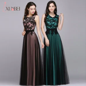 Vestido de Noite Elegante: Sem Mangas, Decote Redondo, Apliques de Tule, A-Line Loja dos Cabelos: Peruca Cabelo Natural, Extensões, Cosméticos