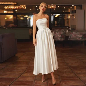 Vestido de Noiva Vintage de Cetim com Bolsos Sem Alças Renda nas Costas Tornozelo-Comprimento Loja dos Cabelos: Peruca Cabelo Natural