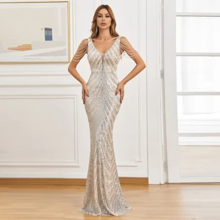 Vestidos de Cerimónia Vestido Maxi Feminino: Decote V Profundo, Lantejoulas Prateadas | Loja dos Cabelos