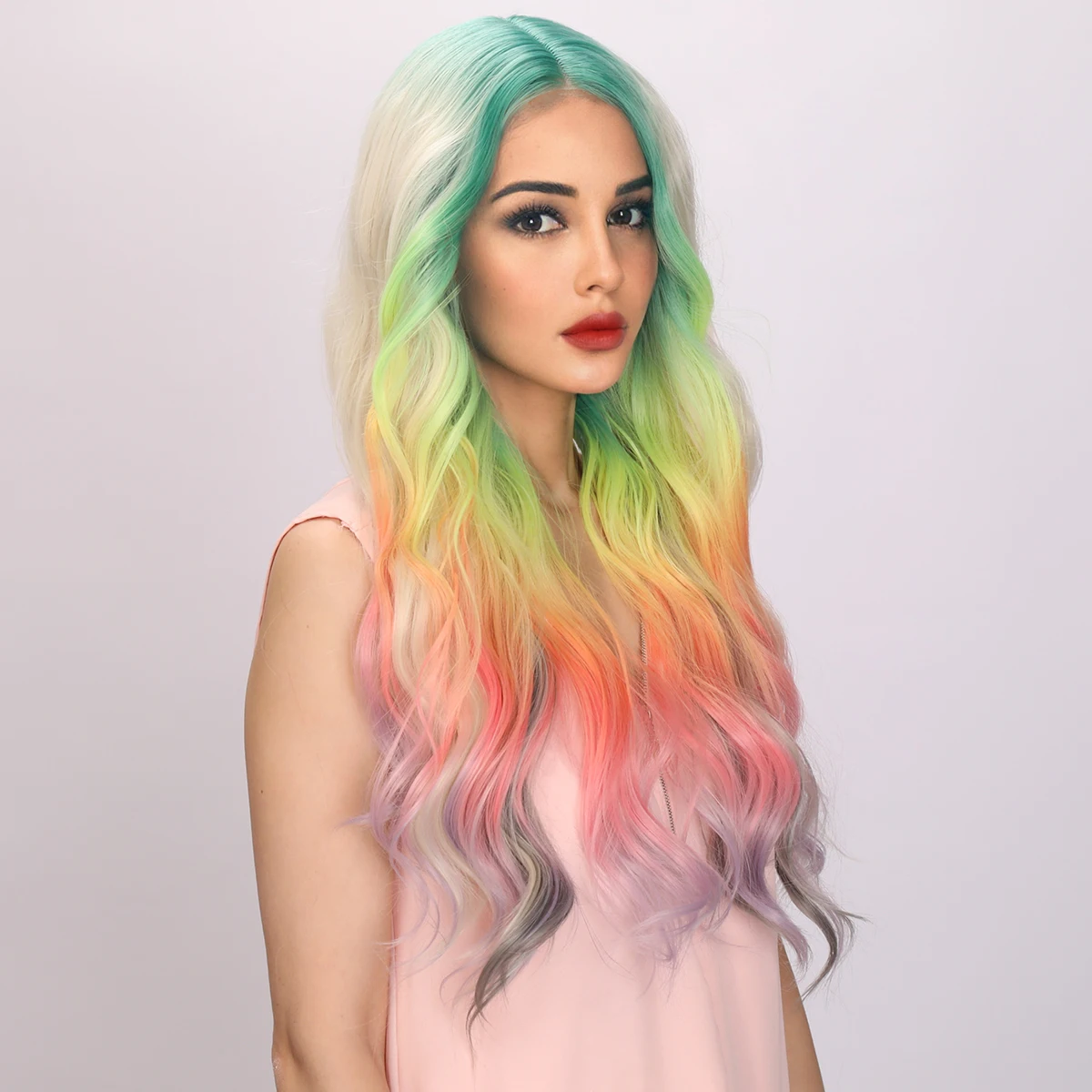 kf-S044694ac8f5c4a67a29644555172d3a79-Smilco-Rainbow-Colorido-Parte-M-dia-Ondulado-Bob-Perucas-para-Mulheres-Peruca-Encaracolada-Sint-tica-Resistente