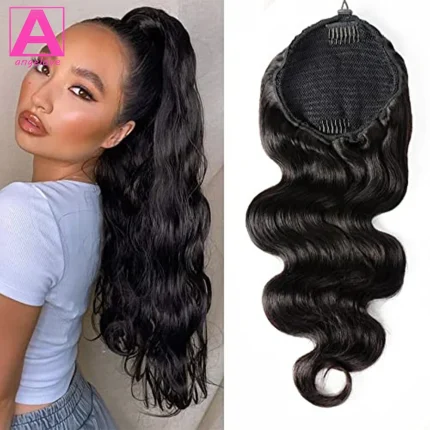 Rabo de Cavalo Rabo de Cavalo Body Wave com Envoltório, Cabelo Humano Brasileiro, Extensões com Cordão, Cor #1B, Disponível em 22″, 24″ e 26″ | Loja dos Cabelos