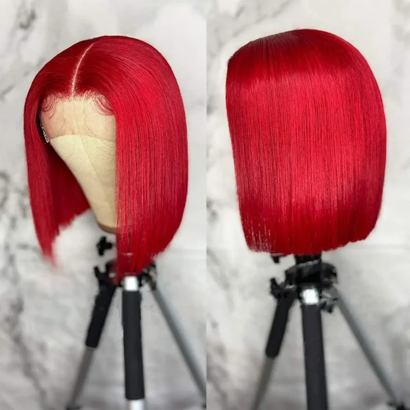 Perucas Peruca Brasileira Bob Curto Liso com Base de Renda – Cabelo Humano Pré-arrancado, Vermelho | Loja dos Cabelos