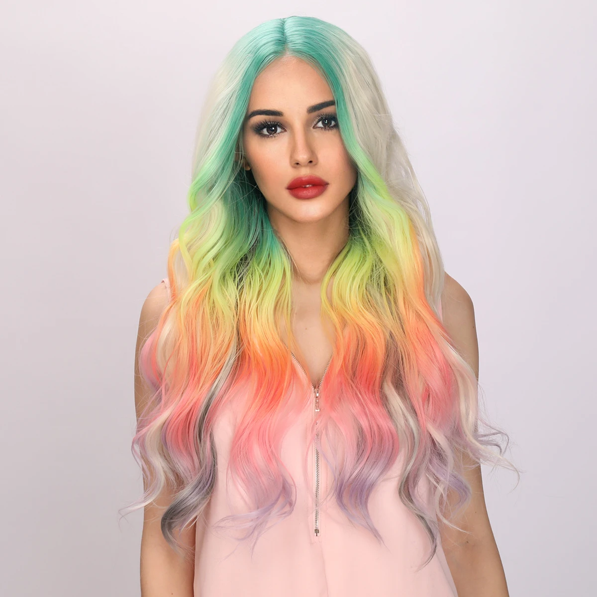 kf-S540dfc7ea38f4683b04c567a37522510S-Smilco-Rainbow-Colorido-Parte-M-dia-Ondulado-Bob-Perucas-para-Mulheres-Peruca-Encaracolada-Sint-tica-Resistente
