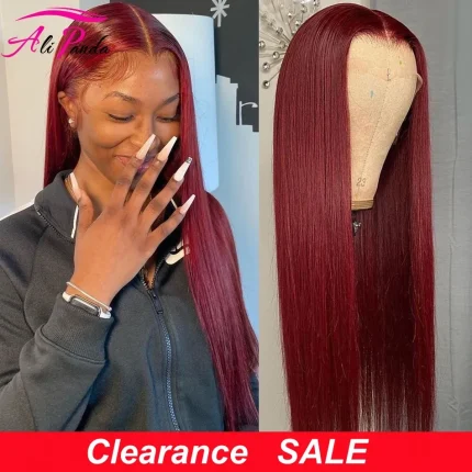 Perucas Peruca de Cabelo Humano Reto com Renda Frontal HD Transparente, Pré-Arrancada, Borgonha 99J, 13×4 | Loja dos Cabelos