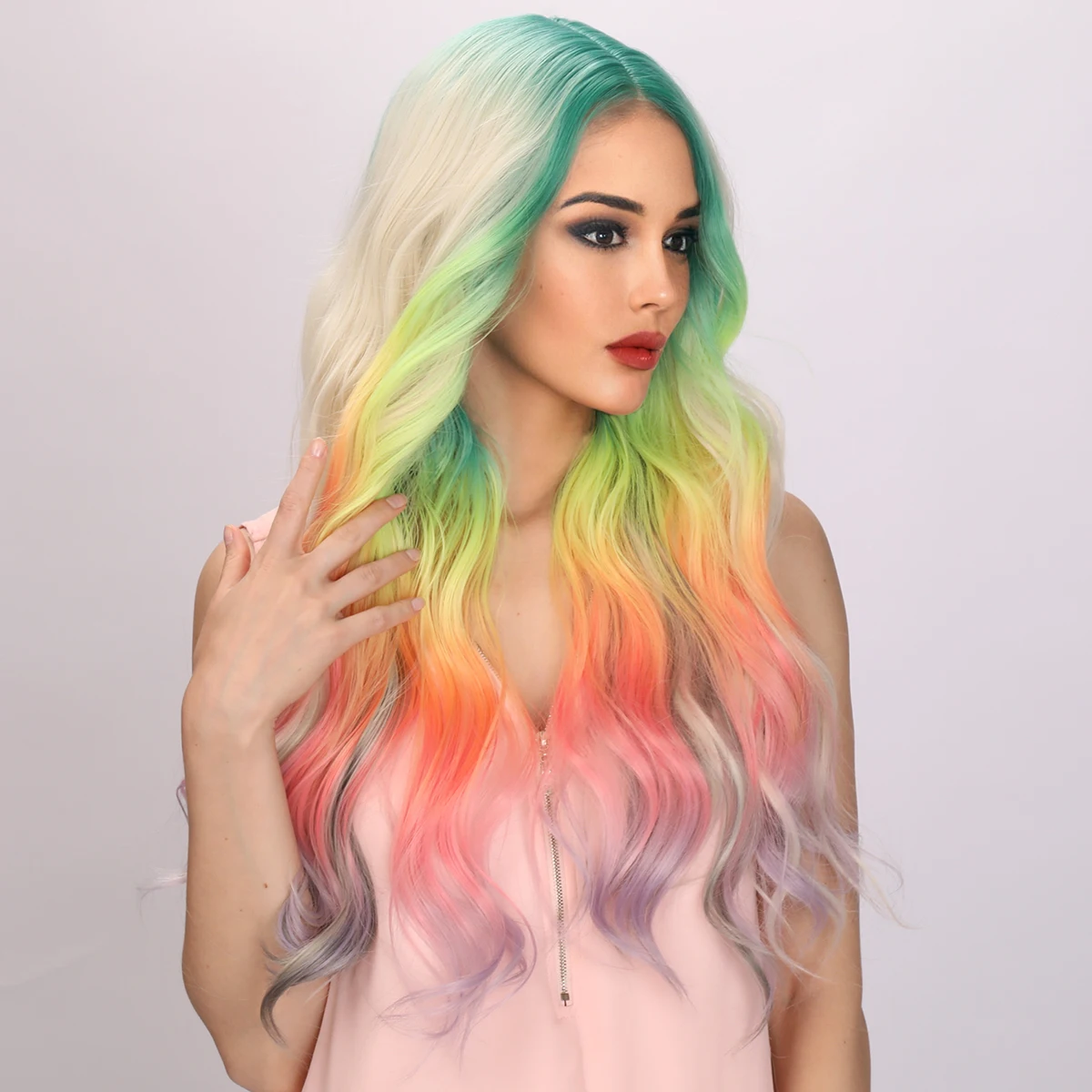 kf-Sd630613037604fbfa34bd049cf8fa476A-Smilco-Rainbow-Colorido-Parte-M-dia-Ondulado-Bob-Perucas-para-Mulheres-Peruca-Encaracolada-Sint-tica-Resistente
