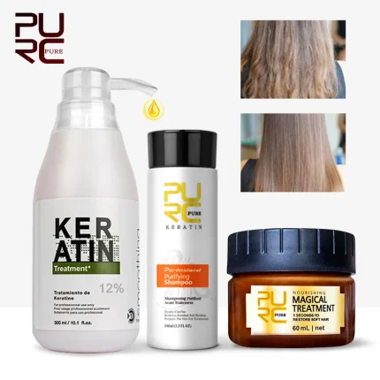 Cosméticos e outros produtos de beleza PURC – Kit Profissional de Tratamento Capilar com Queratina: Creme de Alisamento Brasileiro, Shampoo Suavizante e Máscara Mágica de Cuidado | Loja dos Cabelos