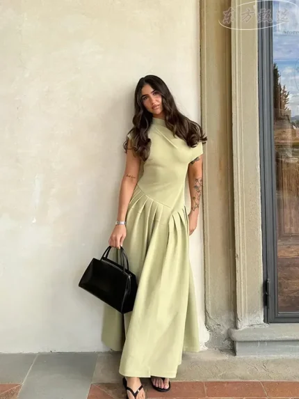 Vestidos de Cerimónia Vestido Feminino Plissado com Patchwork, Gola Alta, Elegante, Manga Curta, Justo e Monocromático, Moda 2024 | Loja dos Cabelos