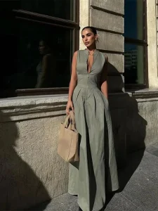 Vestidos de Cerimónia Vestido Feminino Sem Mangas, Comprimento Longo, Cintura Alta com Zíper, Gola Redonda, Elegante e Sofisticado, Moda Verão 2024 | Loja dos Cabelos