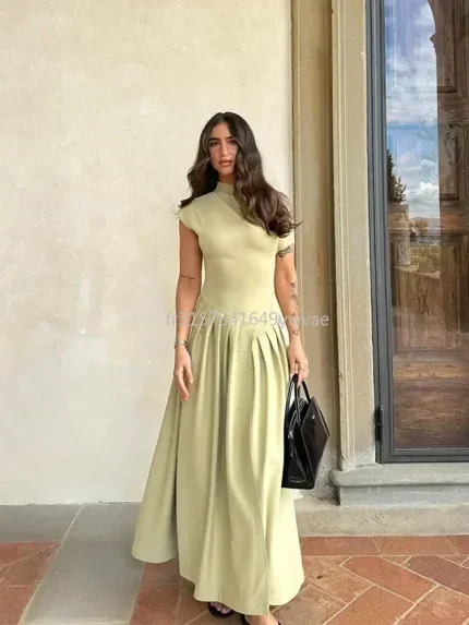 Vestidos de Cerimónia Vestido Longo Feminino Elegante, Plissado com Patchwork, Gola Alta e Manga Curta, Monocromático | Loja dos Cabelos