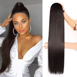 Extensões de cabelo Natural Extensão de Rabo de Cavalo Longa e Lisa para Mulheres, Cabelo Humano Natural, Castanho Escuro Suave #2 | Loja dos Cabelos