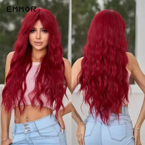 Perucas Peruca Sintética Longa e Ondulada com Franja, Cabelo Encaracolado, Cor Borgonha, Resistente ao Calor | Loja dos Cabelos