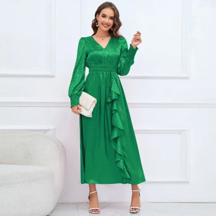 Vestidos de Cerimónia Vestido feminino estampado leopardo de manga comprida, decote em v, elástico na cintura, vestido senhora do escritório, europeu e americano, outono e inverno, novo, 2023 | Loja dos Cabelos