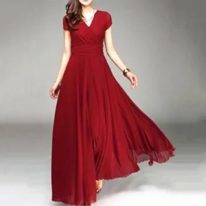 Vestidos de Cerimónia Vestido Longo com Dobras em Algodão e Linho – Decote em V, Renda e Laço – Tamanhos S a 5XL – Primavera/Verão 2024 | Loja dos Cabelos