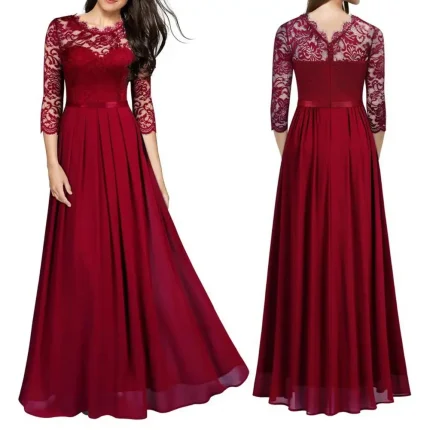 Vestidos de Cerimónia Vestido Longo Macio com Mangas de Renda, Cintura Apertada, 3/4, Ajustado ao Corpo, para Festas | Loja dos Cabelos