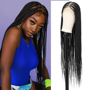 Extensões de cabelo Sintético Peruca Completa de Renda com Tranças Box sem Nós – Tranças Torcidas e Cabelo de Bebê, Sintética, 36″, Cor Preta para Mulheres Negras | Loja dos Cabelos