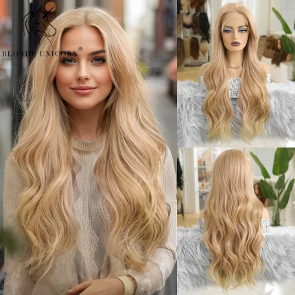 Perucas Peruca Sintética Loira com Frontal de Renda e Onda, Resistente ao Calor, Uso Diário ou Cosplay, 13×6 | Loja dos Cabelos