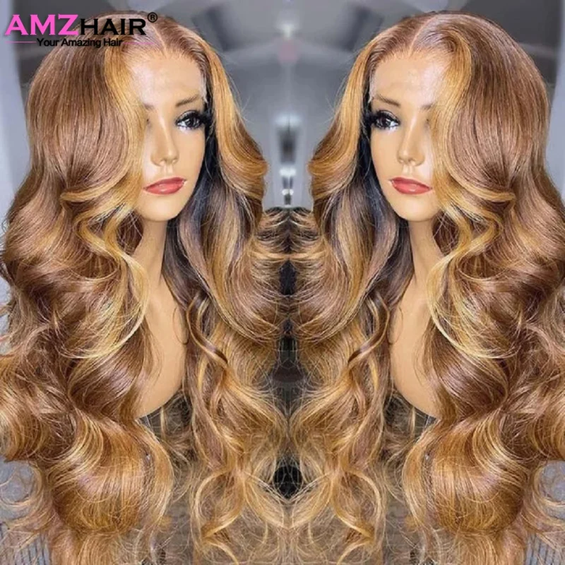 Perucas Peruca de Renda Frontal HD com Mechas Claras, Body Wave, Loira Mel, Cabelo Humano, Pré-Arrancada, Sem Cola, 13×6 | Loja dos Cabelos