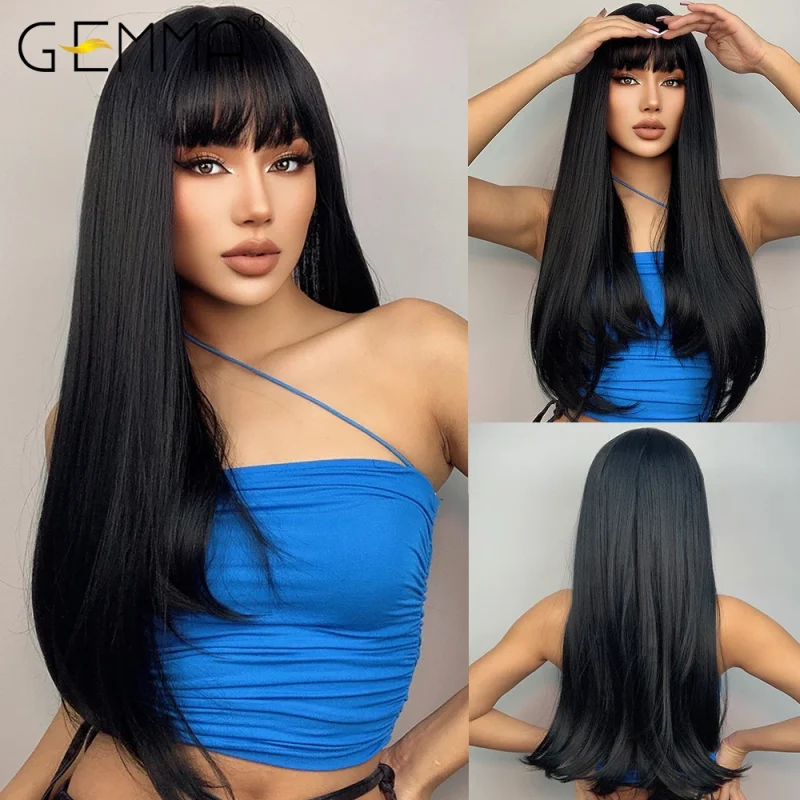 Perucas Peruca Sintética Longa e Reta com Franja, Fibra Resistente ao Calor, Estilo Lolita Cosplay, Preta – GEMMA | Loja dos Cabelos