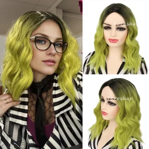 Perucas Peruca Sintética Bob Curta Verde Ombré com Raízes Escuras – Ondulada, Comprimento de Ombro – Ideal para Cosplay, Halloween e Festas | Loja dos Cabelos