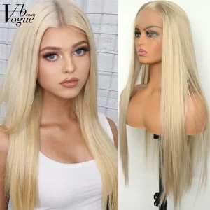 Perucas Peruca Sintética VogueBeauty para Mulheres – Loira Natural, Reta de Seda, Linha Frontal Realista, Fibra Resistente ao Calor, Ideal para Cosplay e Uso Diário | Loja dos Cabelos