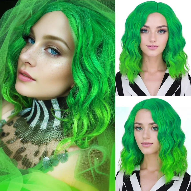 Perucas Peruca Sintética Curta Verde Ombré – Estilo Bob Ondulado e Encaracolado, Resistente ao Calor, Ideal para Cosplay, Halloween e Festas | Loja dos Cabelos