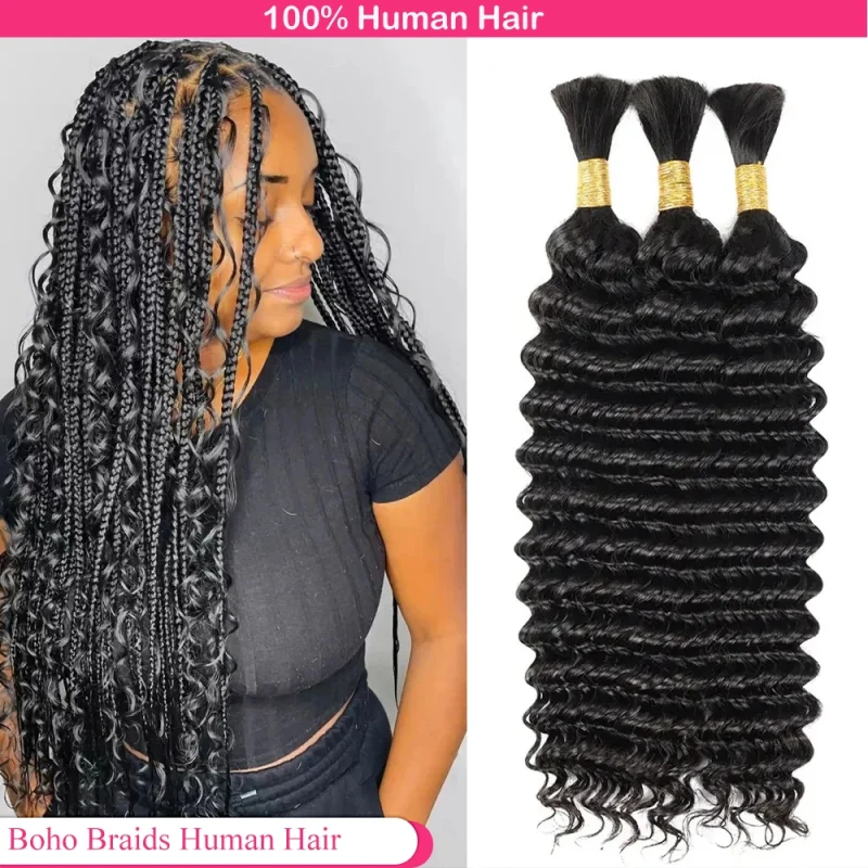 Extensões de cabelo Natural Extensões de Cabelo Humano em Massa, 100% Cabelo Remy Brasileiro, Onda Profunda, Sem Trama, Para Tranças Boho, Não Processado | Loja dos Cabelos