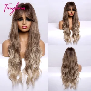 Perucas TINY LANA – Peruca Sintética Longa Ondulada com Franja para Mulheres, Ombré Marrom e Loira, Natural e Resistente ao Calor | Loja dos Cabelos