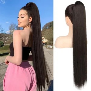 Rabo de Cavalo Extensão de Rabo de Cavalo Preto para Mulheres, Cabelo Sintético Longo com Grampo, 30″ | Loja dos Cabelos