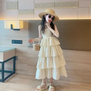 Vestidos de Cerimónia Vestido Infantil Lolita Midi, Renda Branca Plissada, Alças, Estilo Princesa, Casual e Festa, Moda Verão para Meninas e Adolescentes | Loja dos Cabelos