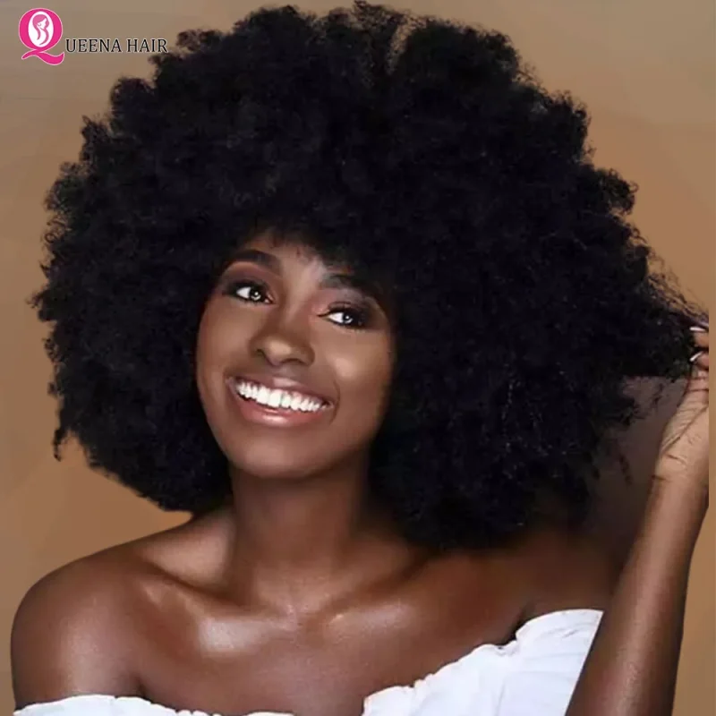 Perucas Peruca Afro Crespo Encaracolado de Cabelo Humano, Estilo Bob Natural, Volumosa com Franja, Sem Cola, Fabricação Completa Brasileira | Loja dos Cabelos