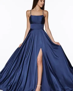 Vestidos de Cerimónia Vestido de Festa Longo em Cetim Azul Marinho, Sexy com Fenda Alta e Decote Aberto | Loja dos Cabelos