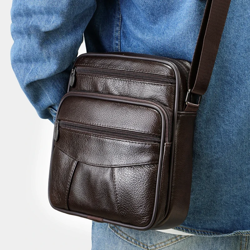 Bolsas e acessórios Bolsa Transversal Masculina de Couro Genuíno, Grande Capacidade, Multicamada, Estilo Executivo e Casual | Loja dos Cabelos