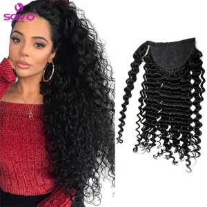 Extensões de cabelo Natural Extensão de Rabo de Cavalo em Cabelo Humano Loiro Escuro Encaracolado, 60-120g, Mongol Marrom | Loja dos Cabelos