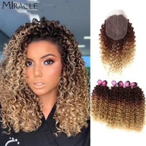 Extensões de cabelo Sintético Extensões de Cabelo Afro Cacheado Sintético com Fechamento – Degradê Loiro, Fibra Resistente ao Calor, 16 a 20 Polegadas | Loja dos Cabelos