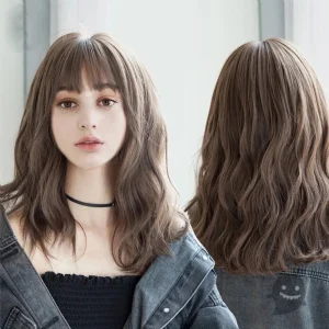 Perucas Peruca Sintética SHANGKE Resistente ao Calor com Franja – Onda Longa de Água, Estilo Lolita, Cabelo Castanho Frio para Mulheres, Uso Diário | Loja dos Cabelos