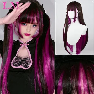 Perucas LM – Peruca Sintética Longa Preto e Rosa com Franja para Mulheres, Cabelo Liso e Ondulado, Fibra Resistente ao Calor, Ideal para Cosplay | Loja dos Cabelos