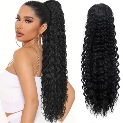 Rabo de Cavalo Extensão de Rabo de Cavalo Longo Encaracolado e Ondulado para Mulheres – Cabelo Sintético Preto Profundo | Loja dos Cabelos