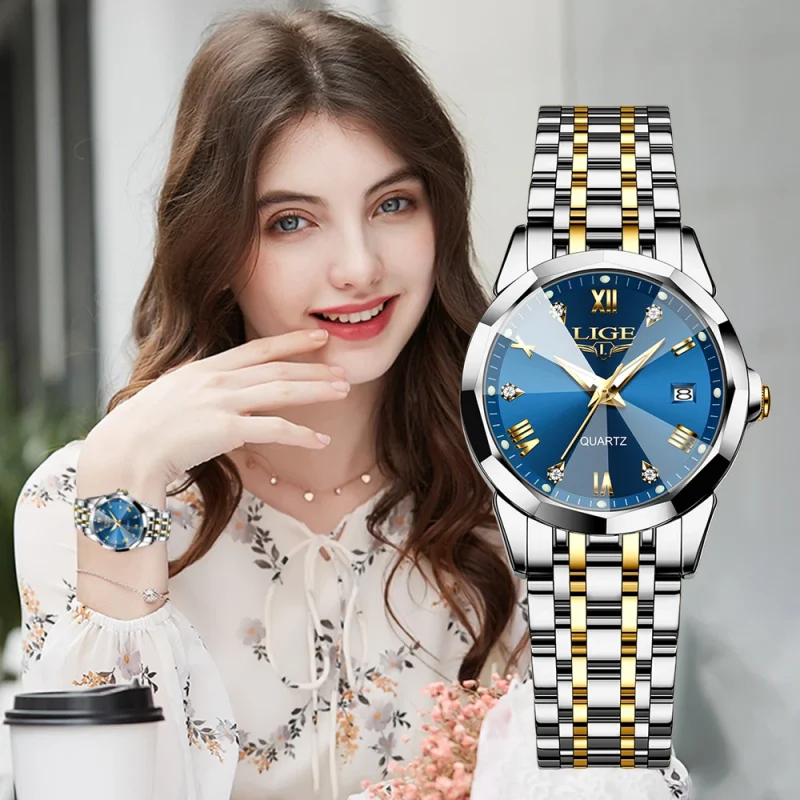 Bolsas e acessórios Relógio Feminino de Luxo LIGE – Elegante, À Prova d’Água, com Data e Pulseira de Aço Inoxidável | Loja dos Cabelos