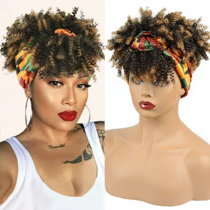 Perucas Peruca Afro Encaracolada com Franja para Mulheres Negras, Cabelo Sintético, Faixa Curta de Cabeça e Envoltório Fofo, Cor Degradê | Loja dos Cabelos