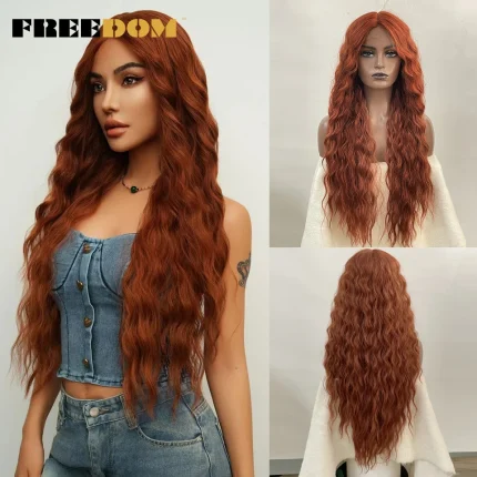 Perucas Peruca de Renda Sintética Longa e Profunda Ondulada Degradê para Mulheres – Loira, Gengibre, Resistente ao Calor, Estilo Cosplay | Loja dos Cabelos