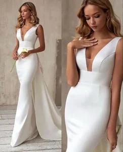 Vestidos de Cerimónia Vestido de Noiva Sereia em Cetim – Elegante, Decote V, Sem Costas e Laço Grande para Casamento e Festa Formal | Loja dos Cabelos