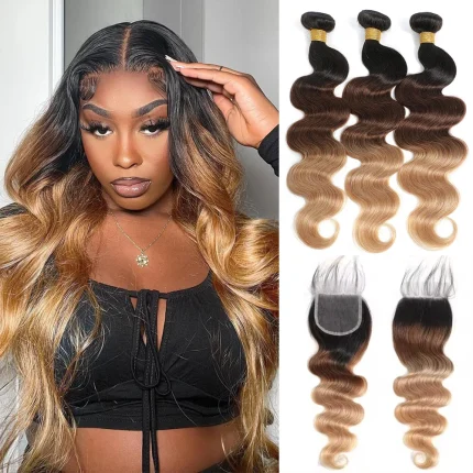 Extensões de cabelo Natural Pacotes de Cabelo Humano Ondulado Degradê com Fechamento – Textura Brasileira 1B/4/27 | Loja dos Cabelos
