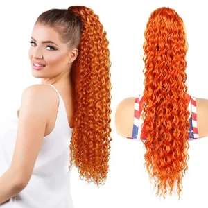 Rabo de Cavalo Extensões de Rabo de Cavalo Longo Cacheado 22″ Laranja Ondulado Sintético com Clipe e Cordão para Mulheres | Loja dos Cabelos