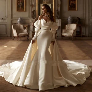 Vestidos de Cerimónia Vestido de Noiva Luxo em Cetim – Modelo Sereia, Ombro a Ombro, Elegante para Casamento e Festa Formal | Loja dos Cabelos