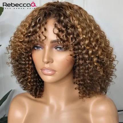 Perucas Peruca Curta Bob Cacheada de Cabelo Humano com Franja – Cor Mel e Loiro, Feita à Máquina, Fios Naturais Remy | Loja dos Cabelos