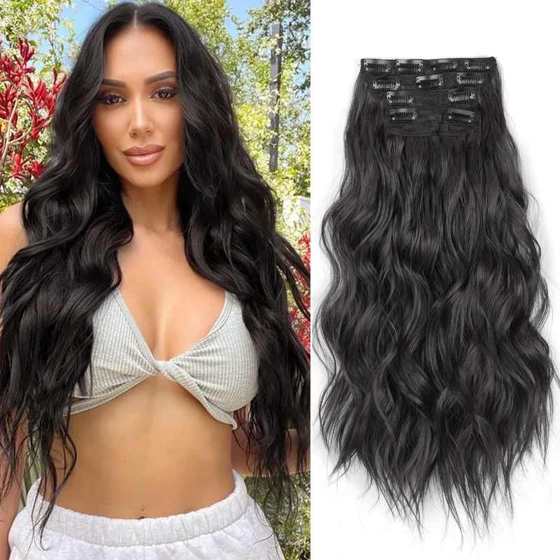Extensões de cabelo Sintético Extensões de Cabelo Sintético Longo Ondulado com 4 Peças e 11 Clipes – 20 Polegadas, Preto e Marrom Natural, Peruca para Mulheres | Loja dos Cabelos