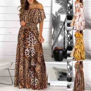 Vestidos de Cerimónia Vestido Longo Feminino – Estampa de Leopardo, Plissado, Sem Alças, Boêmio e Elegante para o Verão | Loja dos Cabelos