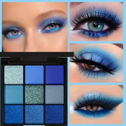 Cosméticos e outros produtos de beleza Paleta de Sombras 9 Cores – Azul, Matte, Cintilante e Glitter, Resistente à Água e Suor, Ideal para Festas e Festivais | Loja dos Cabelos